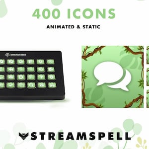 May include: A black Stream Deck with green illuminated buttons, and green-themed icons. The image displays the text "400 Icons Animated & Static" and the Streamspell logo. The icons include speech bubbles, flags, and rockets.