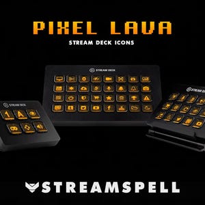 Puede incluir: Tres dispositivos Stream Deck negros con iconos naranjas iluminados se muestran sobre un fondo negro. El texto "PIXEL LAVA STREAM DECK ICONS" está en la parte superior. El logotipo de StreamSpell está en la parte inferior.