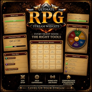 May include: A digital graphic display titled Ultimate RPG Stream Widgets featuring a quest log, subathon timer, chat box, follower goal, wheel of fate, event list, and a bingo quest board with gold and brown tones and fantasy-themed typography.