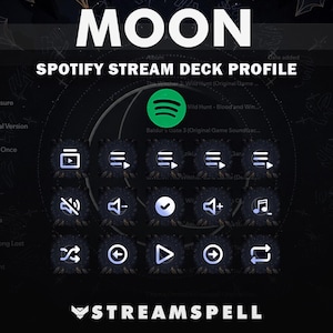 May include: A digital interface for a Spotify Stream Deck profile titled MOON by STREAMSPELL. The display features a dark background with a central green Spotify logo surrounded by a grid of fifteen circular icons representing media controls.