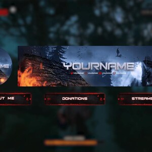 May include: A digital overlay set for streaming, featuring a circular profile image and a banner with the text "YOURNAME". Includes buttons labeled "ABOUT ME", "DONATIONS", and "STREAMSPELL". The design incorporates a fiery, fantasy theme.