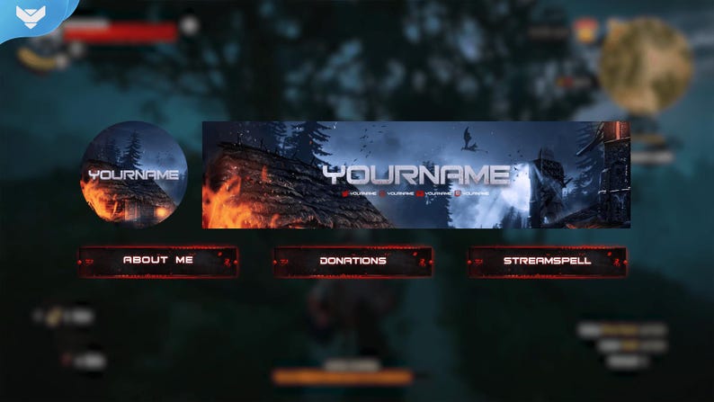 May include: A digital overlay set for streaming, featuring a circular profile image and a banner with the text "YOURNAME". Includes buttons labeled "ABOUT ME", "DONATIONS", and "STREAMSPELL". The design incorporates a fiery, fantasy theme.
