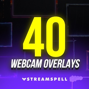 May include: Image featuring the number "40" in bright yellow, with the words "Webcam Overlays" below. Several rectangular frames with different designs are visible. The Streamspell logo is at the bottom, set against a purple and black background.