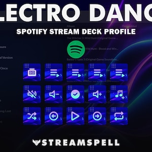 May include: A digital interface display titled ELECTRO DANCE and SPOTIFY STREAM DECK PROFILE featuring a grid of fifteen blue square icons with white symbols for media control, set against a dark background with purple and blue light streaks.