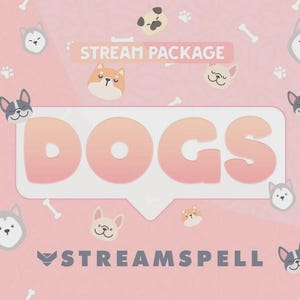 May include: A pink background with cartoon dog faces, bones, and paw prints. The word "DOGS" is in large, bubble letters, with "STREAM PACKAGE" above it. The text "STREAMSPELL" is at the bottom.