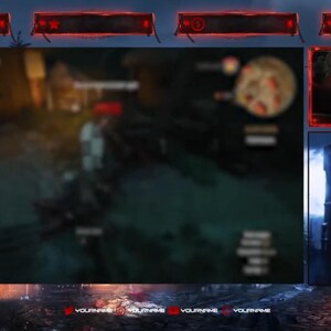May include: A streaming overlay design with a dark, fantasy theme. The layout includes a game screen, a webcam feed, and a stream chat section. The design features red accents and a stylized banner at the bottom with the text "YOURNAME".