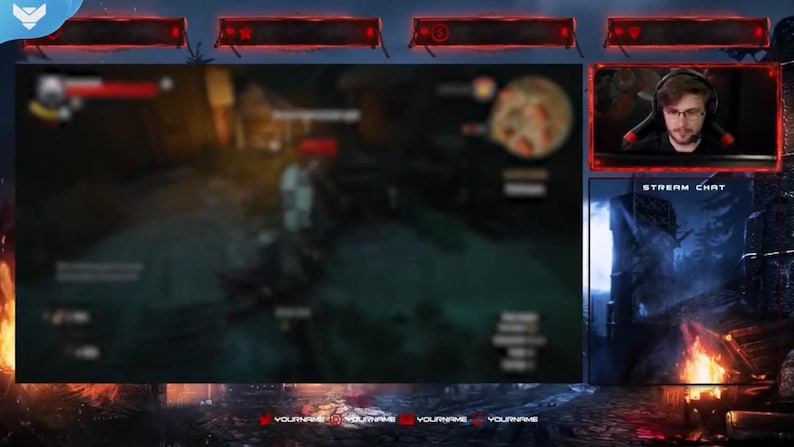 May include: A streaming overlay design with a dark, fantasy theme. The layout includes a game screen, a webcam feed, and a stream chat section. The design features red accents and a stylized banner at the bottom with the text "YOURNAME".