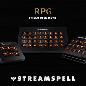 May include: Black Stream Deck devices with illuminated RPG Stream Deck icons. The image shows three Stream Decks, one large and two smaller, with the text "RPG STREAM DECK ICONS" and the Streamspell logo.