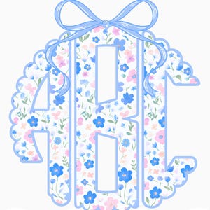 May include: A floral monogram design featuring the letters ARB, filled with blue and pink flowers. The letters are outlined in light blue and topped with a blue ribbon. The words "Floral Monogram" are above the letters.