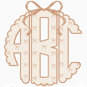 May include: A circular monogram featuring the letters A, B, and C in a light brown outline. The letters are filled with a repeating pattern of small bows and vertical stripes. A larger bow sits at the top center. The text Bow Monogram is visible.