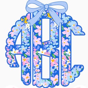 Puede incluir: Un diseño de monograma floral azul con las letras ABC, con un borde festoneado y un lazo azul claro en la parte superior. Las letras están llenas de flores azules, rosas y blancas. El texto "Blue Floral Monogram" está en la parte superior.
