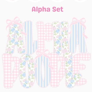 May include: An Alpha Set in a soft, pastel color palette. The letters are decorated with floral patterns, gingham, and stripes, and are adorned with pink bows. The text "Alpha Set" is displayed in pink.