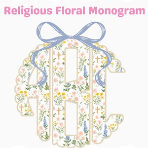 May include: A floral monogram design with the text "Religious Floral Monogram". The monogram is filled with a floral pattern and crosses, and is adorned with a blue ribbon. The background is white with a pink gingham border.