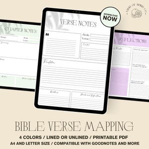 May include: Digital Bible verse mapping templates displayed on tablets. The templates include sections for chapter notes, verse notes, and reflections. The image features the text "Verse Notes" and "Bible Verse Mapping". The templates are available in 4 colors and are printable PDFs.