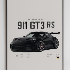 Porsche 911 GT3 RS Poster – 2023 Sports Car Wall Art – Black Supercar Print – Collectible Racing Illustration for Car Lovers