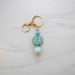 Green Blue Mama Silicone Bead Keychain – Personalized Keychain Gift – Cute Key Ring for Her – Bag Charm, Lanyard or Diaper Bag Accessory