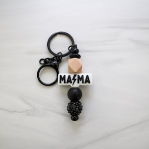 Boho Mama Black Beige Silicone Bead Keychain – Personalized Gift – Cute Key Ring for Her – Bag Charm, Lanyard or Diaper Bag Accessory
