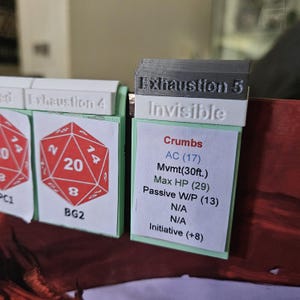 May include: A green card with the text "Crumbs" and the following information: AC (17), Mvmt(30ft.), Max HP (29), Passive W/P (13), N/A, N/A, Initiative (+8). The card is labeled "Exhaustion 5 Invisible" at the top.