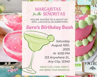 Verjaardagsuitnodiging Margaritas for Señoritas: Fiesta Party, bewerkbare canvas (digitale download)