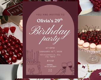 Elegante roze bordeauxrode verjaardagsuitnodiging | Uitnodiging voor feest moderne boog | Minimal Blush Wine Night | Digitale download | Bewerkbare sjabloon