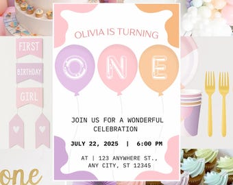 Verjaardagsuitnodiging ballon: Olivia is Turning One, canvassjabloon (digitale download, 5 x 7 inch)