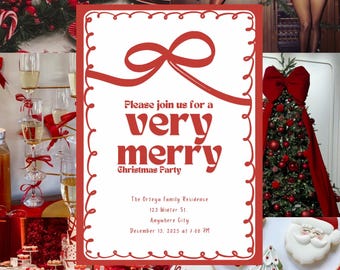 Uitnodiging voor zeer vrolijk kerstfeest – rode en witte feestuitnodiging | Bewerkbare canvasuitnodiging | Direct downloaden