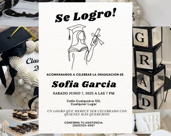 Uitnodiging voor afstuderen Bewerkbaar "¡Se Logró!" – Canva – Silueta Mujer – Español – pdf digitaal
