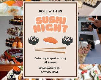 Uitnodiging sushi-avond: bewerkbare uitnodiging voor etentje (canva/pdf, 5 x 7 inch)