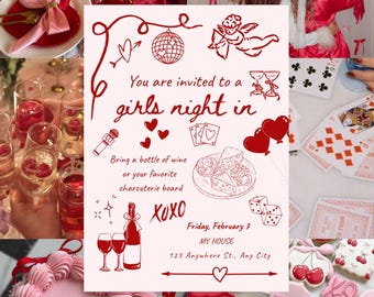Uitnodiging voor meisjesavond | Galentine's feestuitnodiging | Afdrukbare uitnodiging voor feest | Wijnavond | Valentijnsfeestje