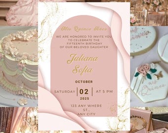 Blush gouden quinceañera-uitnodiging | Mis Quince Años-uitnodiging | Bewerkbare canvassjabloon | Digitale download