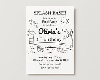 Uitnodiging zwembadfeest: bewerkbare sjabloon voor verjaardagsuitnodiging (digitale download 5 x 7 in canva-sjabloon)