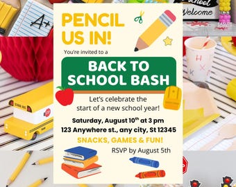 Uitnodiging Back to School bash: bewerkbare sjabloon | Uitnodiging voor schoolfeest | Afdrukbare digitale download