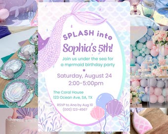 Verjaardagsuitnodiging zeemeermin: Under the Sea-feest, bewerkbare canvassjabloon (digitale download)