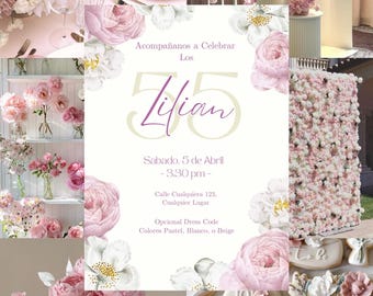 Spaanse 55e verjaardagsuitnodiging: elegante pioenrozen, bewerkbare canvassjabloon (digitale download: 5 x 7 inch)