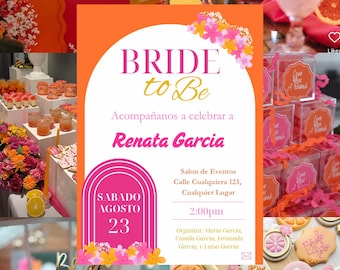 Bloemenuitnodiging vrijgezellenfeest: roze en oranje, bewerkbare canvassjabloon (digitale download, 5 x 7 inch)