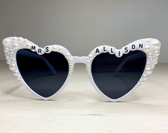 Custom Bride Heart Shaped Sunglasses Embellished with Pearls