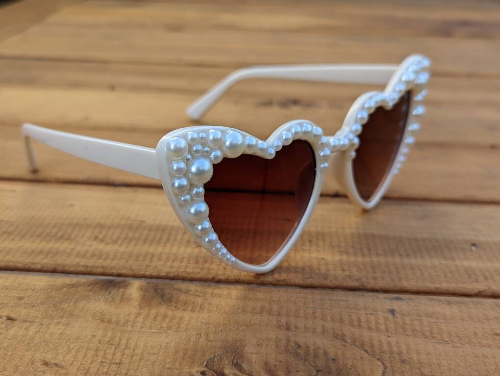 Ivory Heart Shaped Sunglasses With Pearl Embellishment - Etsy display picture 3