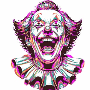Arte psicodélico de payaso risueño: cabeza de Joker vintage imprimible, decoración de pared de circo espeluznante, descarga digital.