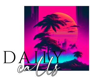 Art mural rétro coucher de soleil synthé - affiche numérique néon appels quotidiens, impression palmier esthétique des années 80 pour décoration Vaporwave