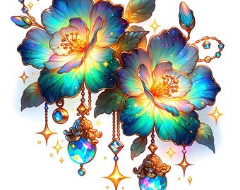 Galaxy Floral Gem Art - Boho Celestial Flower Clipart, Shiny Jewel Bloom Design, Cosmic Bloom Wall Art, Mystical Digital Download