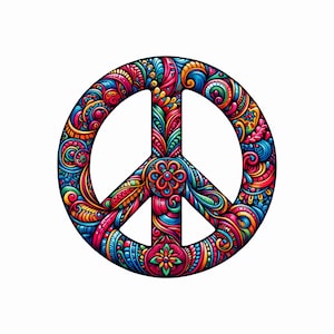 Buntes Peace Zeichen druckbare Kunst - Psychedelische Boho Hippie Symbol, Groovy Blumenmuster Digitaler Download, Retro 70er Jahre Dekor