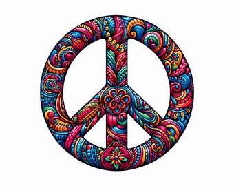 Colorful Peace Sign Printable Wall Art – Psychedelic Boho Hippie Symbol, Groovy Flower Pattern Digital Download, Retro 70s Decor