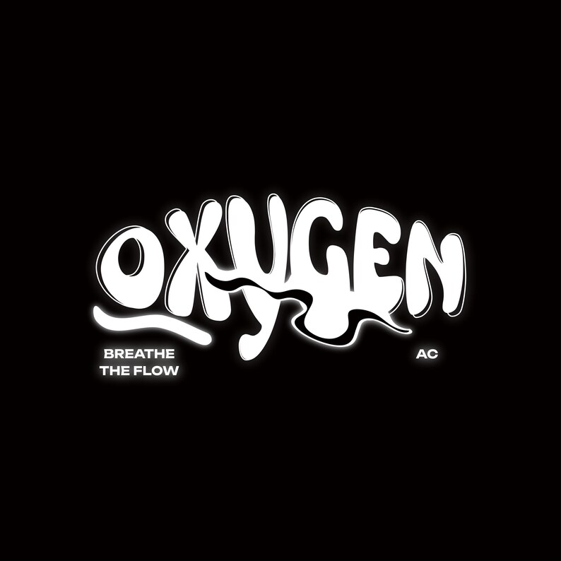 May include: White graphic design with the word "Oxygen" in a stylised font. The text "Breathe the Flow" is below the word "Oxygen" and the text "AC" is below the word "Flow".
