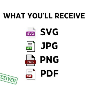 Puede incluir: Fondo blanco con el texto "WHAT YOU'LL RECEIVE" en negro. Debajo, iconos de tipo de archivo para SVG, JPG, PNG y PDF. Un sello verde con la palabra "RECEIVED" est&aacute; en la esquina inferior izquierda.