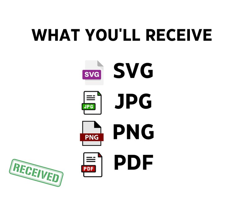 Puede incluir: Fondo blanco con el texto "WHAT YOU'LL RECEIVE" en negro. Debajo, iconos de tipo de archivo para SVG, JPG, PNG y PDF. Un sello verde con la palabra "RECEIVED" est&aacute; en la esquina inferior izquierda.