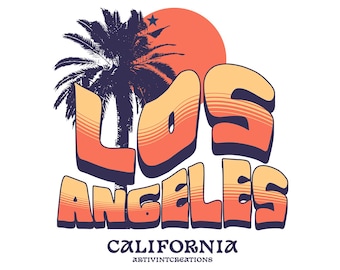 Póster imprimible de Los Ángeles, California, arte retro de palmeras al atardecer, decoración de pared vintage de Los Ángeles, descarga digital, póster de California, ArtivintCreations