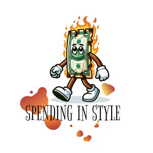 Dibujo de dólar gastando con estilo: Impresión divertida de dinero, personaje de efectivo en llamas, póster de finanzas moderno, descarga digital