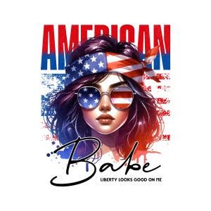 American Babe Sublimation – Arte para impressão de garota do 4 de julho, mulher patriótica retrô dos EUA com bandana de bandeira, download digital Liberty