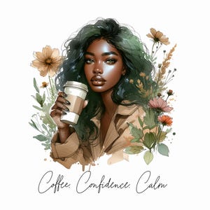 Póster "Café, Confianza y Calma": Arte digital femenino para mujeres, decoración de pared imprimible con estilo de mujer afro, descarga digital de amor propio