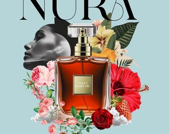 Arte de botella de perfume NURA - Elegante decoración floral de pared - Póster digital de moda - Mujer moderna imprimible